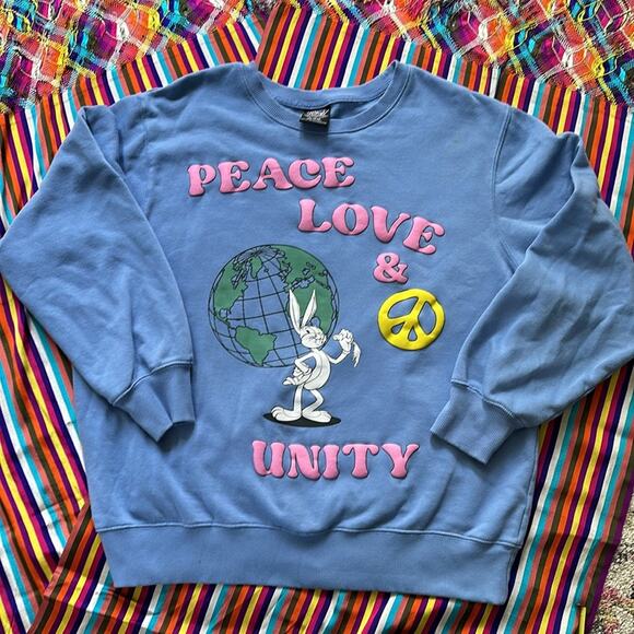 Looney Tunes Bugs Bunny Peace Love Unity Puff Paint Blue Sweatshirt XL - Picture 2 of 9